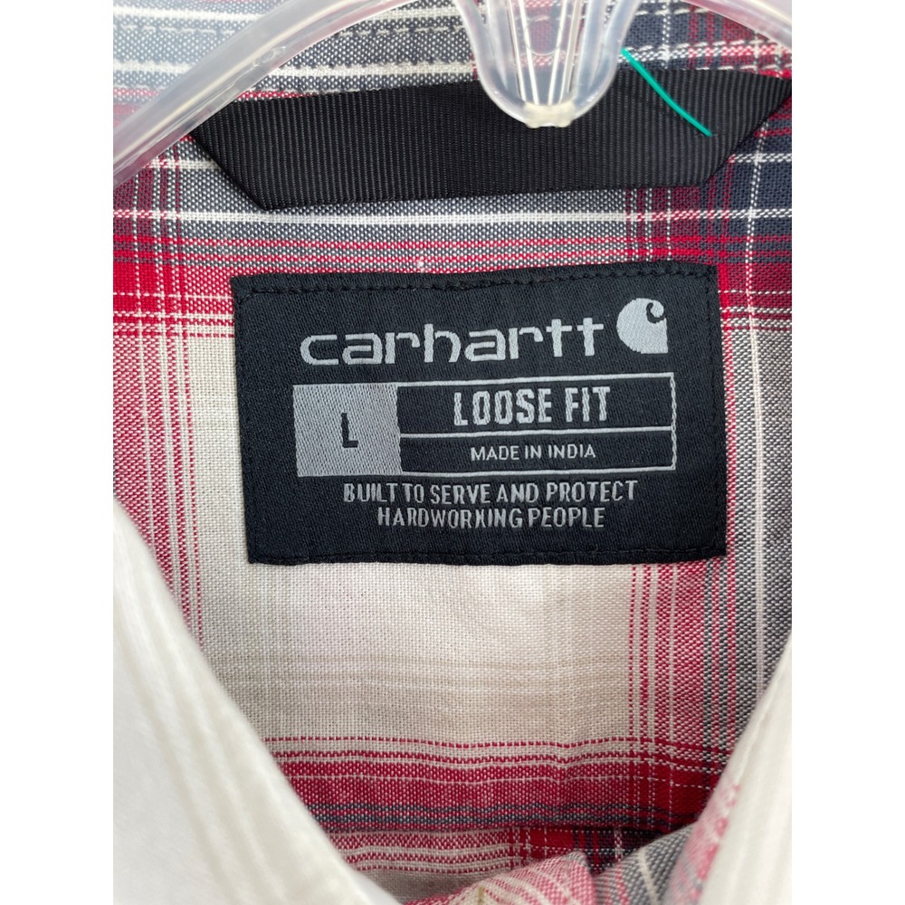 Carhartt Plaid Button Down Mens Large Red Cream Loose Fit Short Sleeve Shirt - Picture 2 of 7